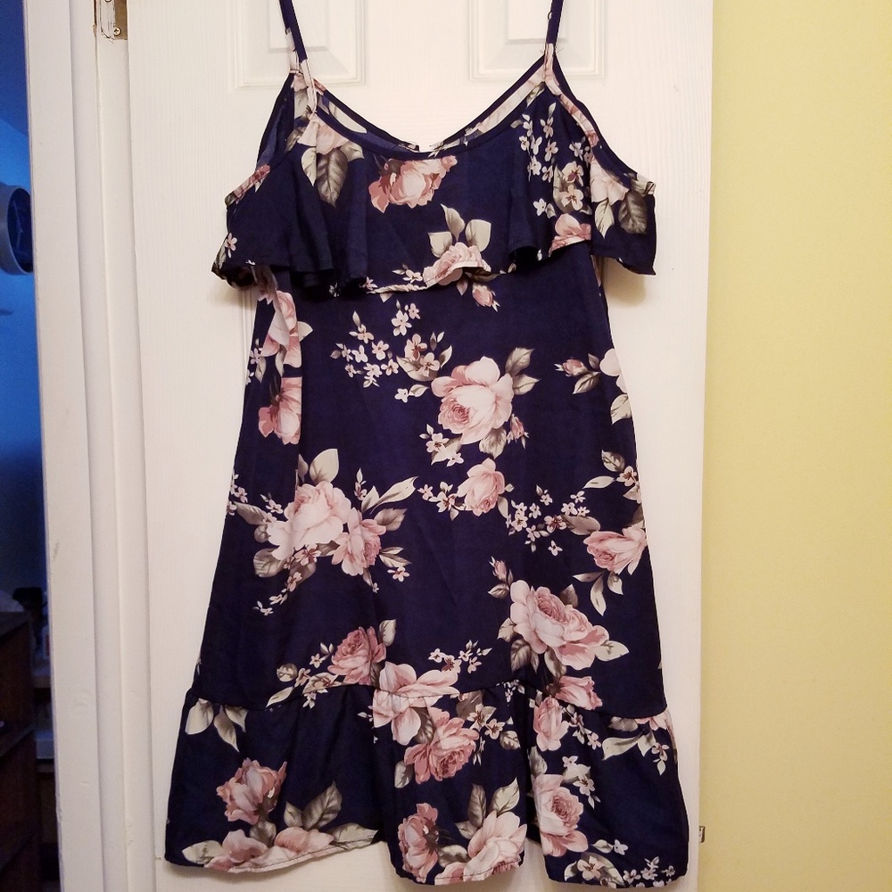 Amy Fashion Navy Floral Cold Shoulder Dress - Picture 1 of 5